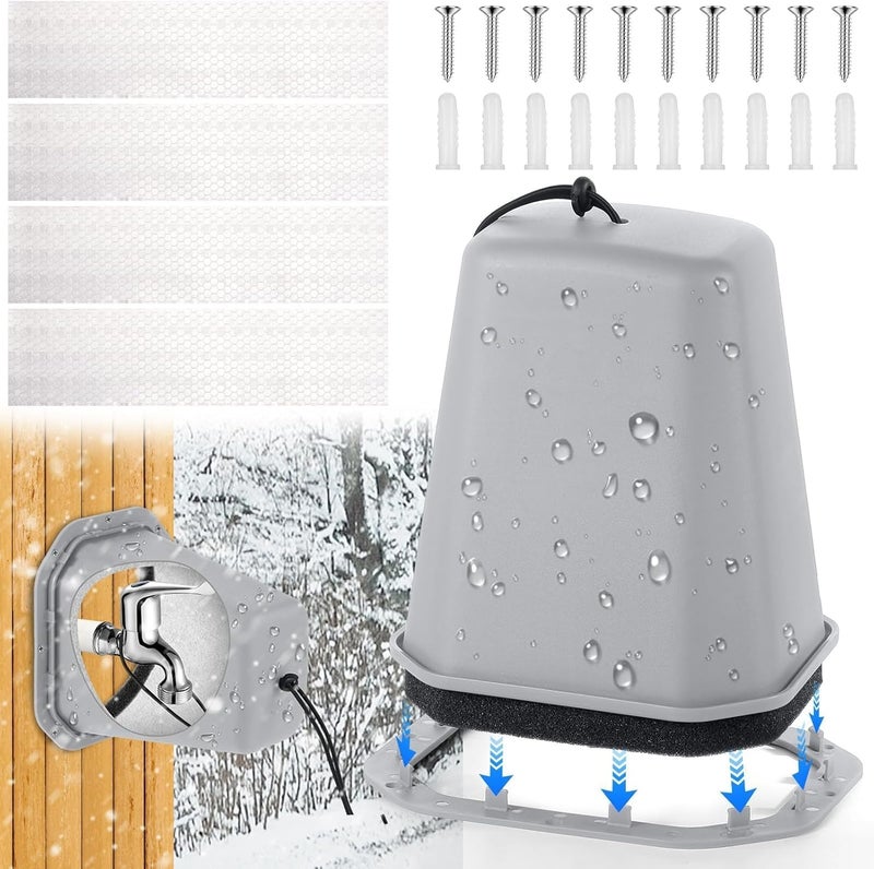 Bornerwhite 1 Pcs 2 in 1 Extra Long Pet Proof Outdoor Faucet Covers Winter w/Lock 8.5x7x5.5 in Thick Foam Plastic Spigot Cover Reflective Strips Faucet Cover for Outside Water Faucet Freeze Protection (Gray) - Image 1